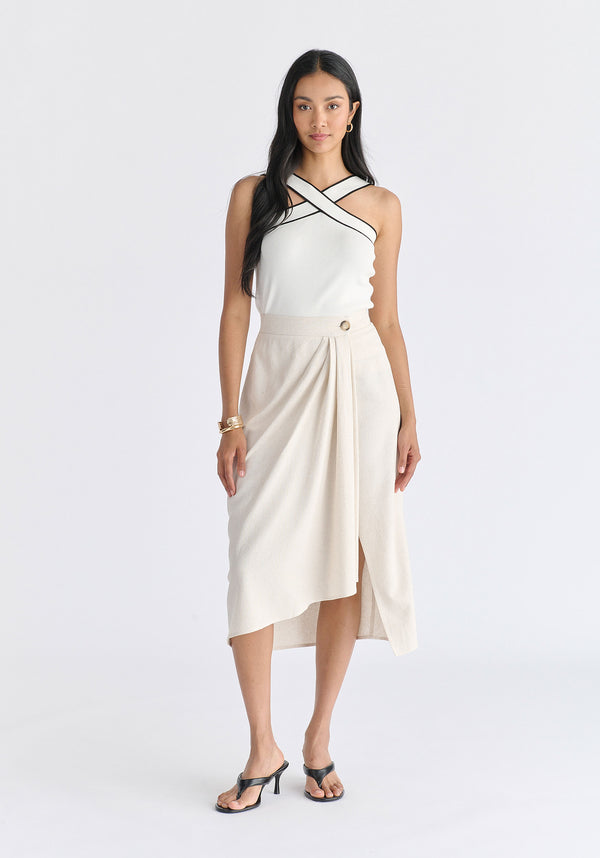 Contrast Detail Crisscross Halterneck Knit Top in White Front