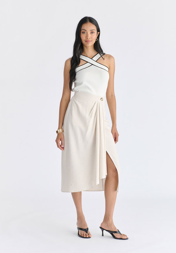 Contrast Detail Crisscross Halterneck Knit Top in White Front