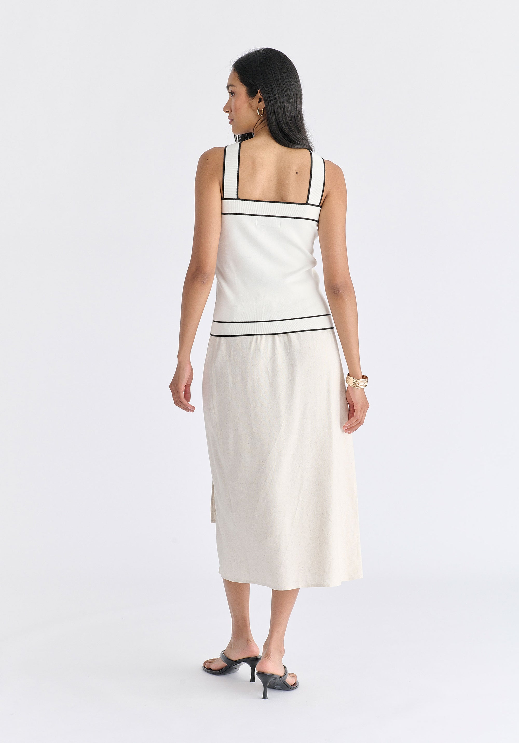 Contrast Detail Crisscross Halterneck Knit Top in White Back