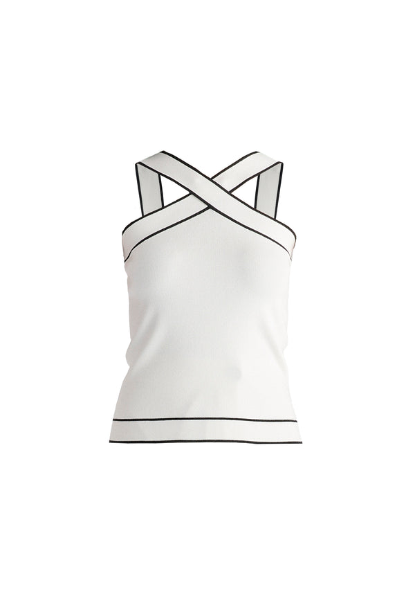 Contrast Detail Crisscross Halterneck Knit Top in White Cutout