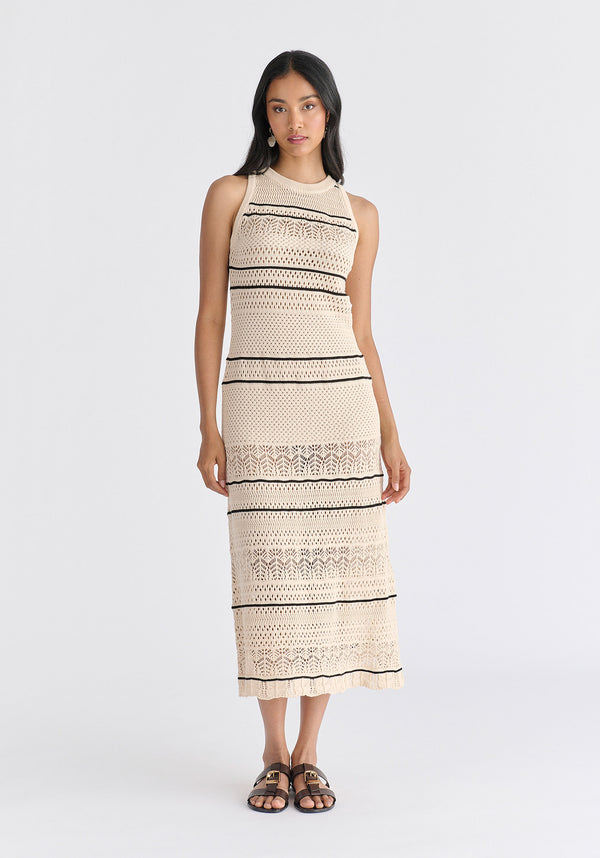 Contrast Detail Pointelle Knitted Dress in Beige Front