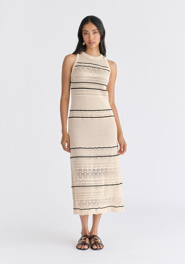 Contrast Detail Pointelle Knitted Dress in Beige Front