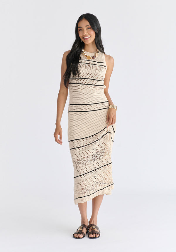 Contrast Detail Pointelle Knitted Dress in Beige Front