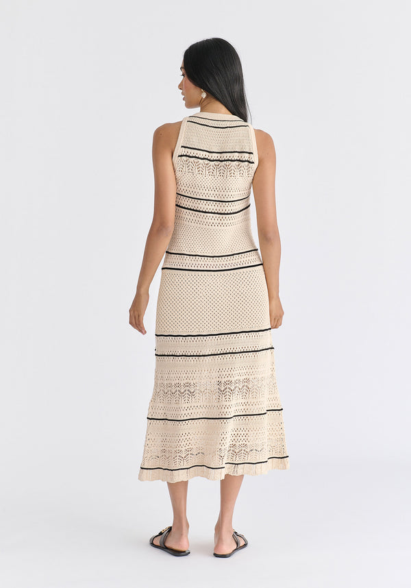 Contrast Detail Pointelle Knitted Dress in Beige Back