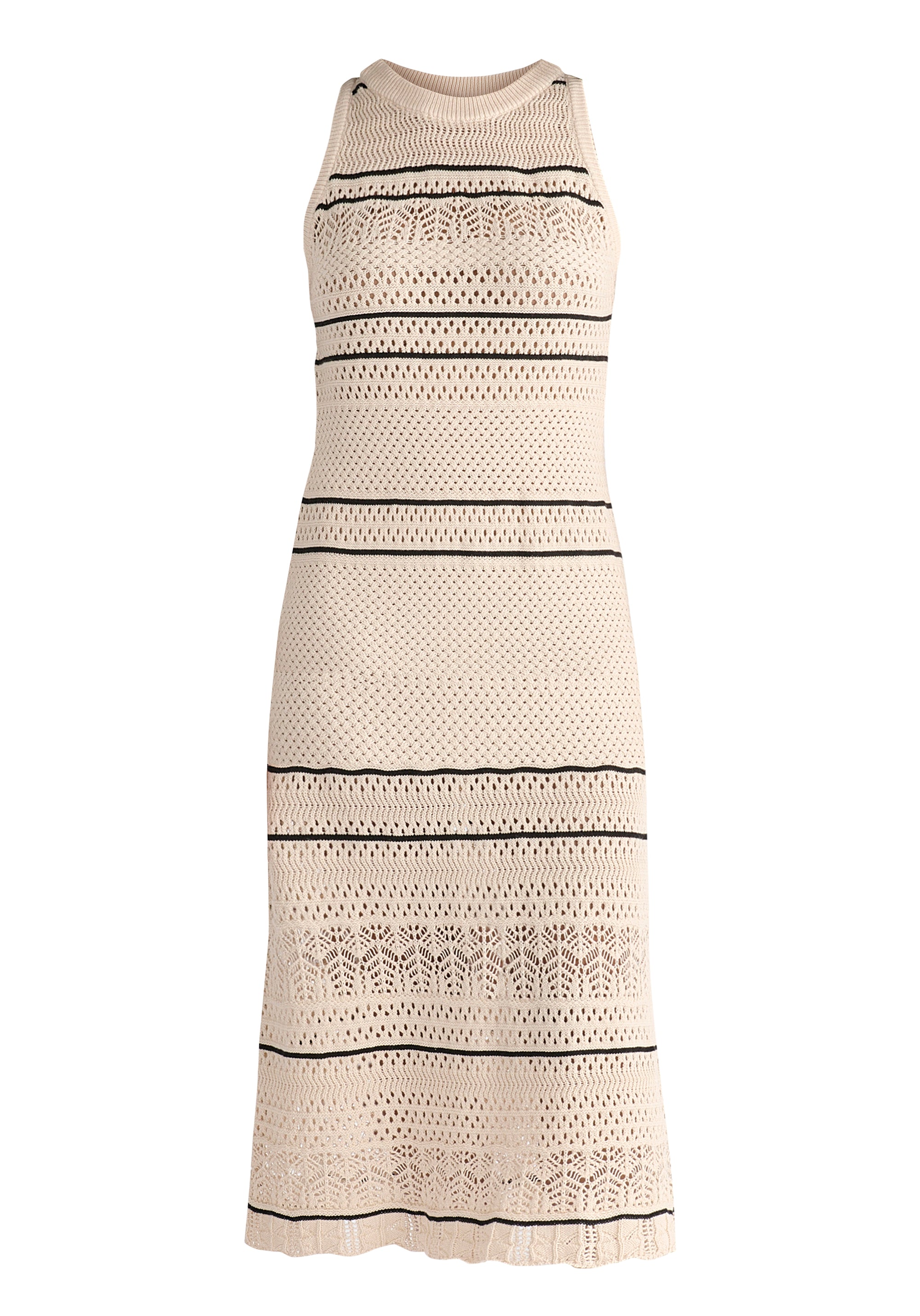 Contrast Detail Pointelle Knitted Dress in Beige Cutout