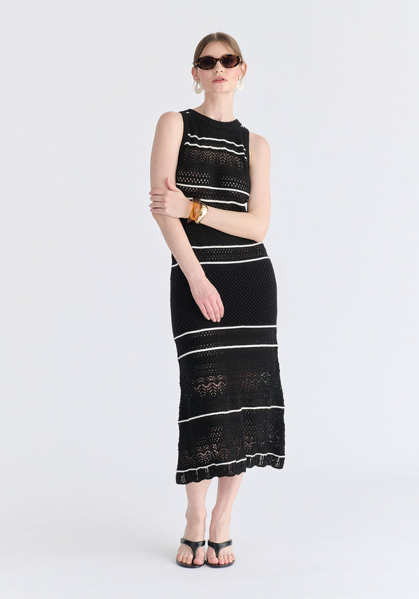 Contrast Detail Pointelle Knitted Dress in Black Front
