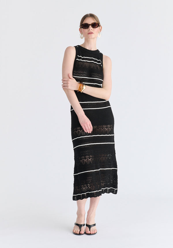 Contrast Detail Pointelle Knitted Dress in Black Front