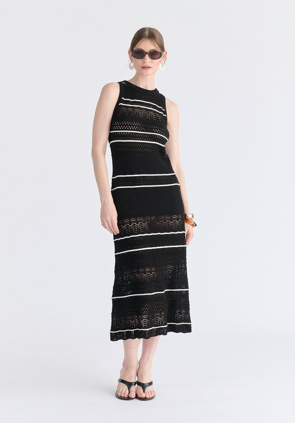 Contrast Detail Pointelle Knitted Dress in Black Front