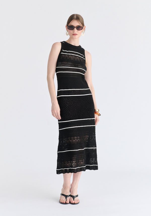 Contrast Detail Pointelle Knitted Dress in Black Front