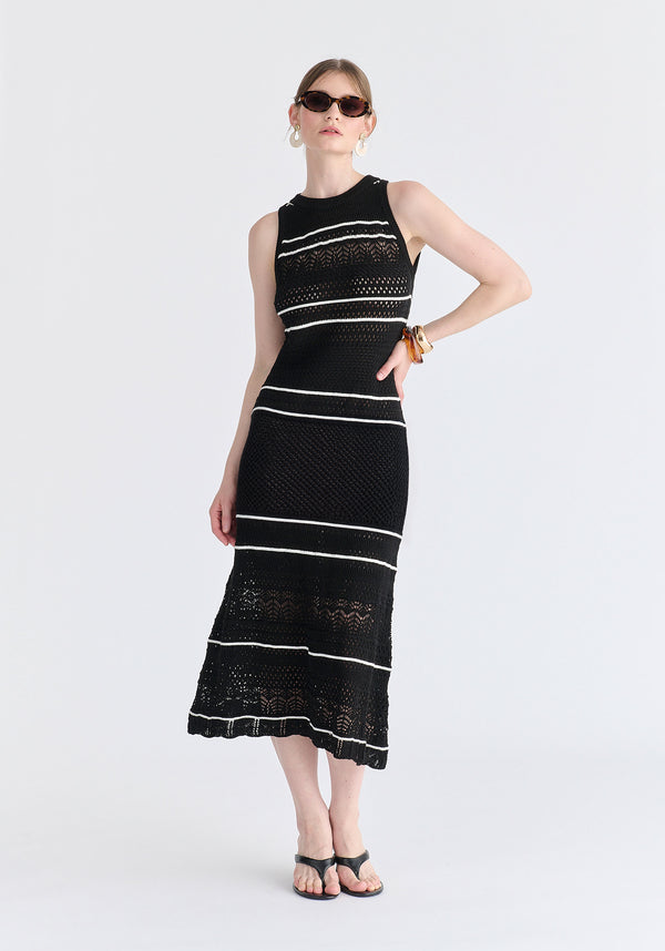 Contrast Detail Pointelle Knitted Dress in Black Front