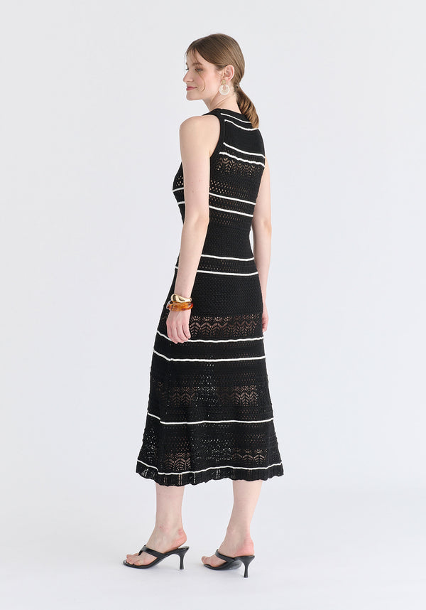 Contrast Detail Pointelle Knitted Dress in Black Back