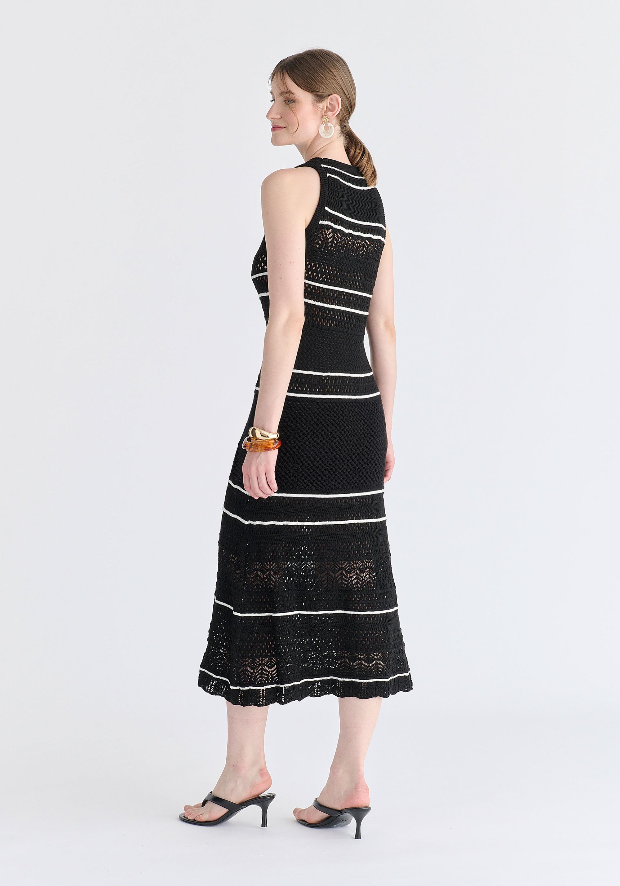 Contrast Detail Pointelle Knitted Dress in Black Back