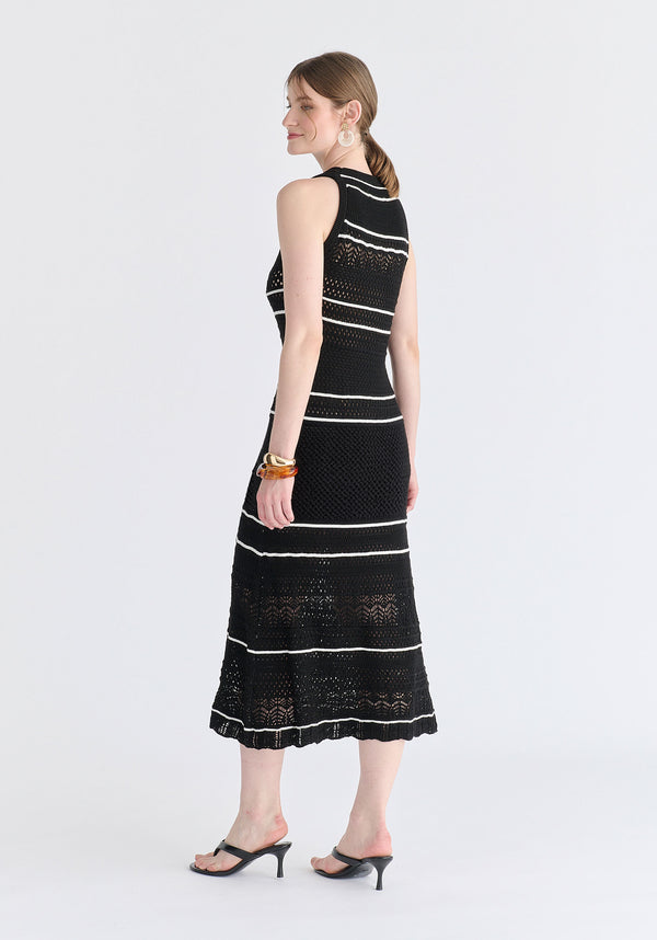 Contrast Detail Pointelle Knitted Dress in Black Back