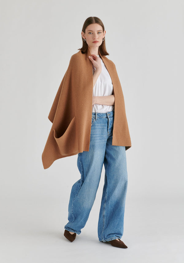 Ribbed Scarf Wrap with Front Pockets in Camel Side