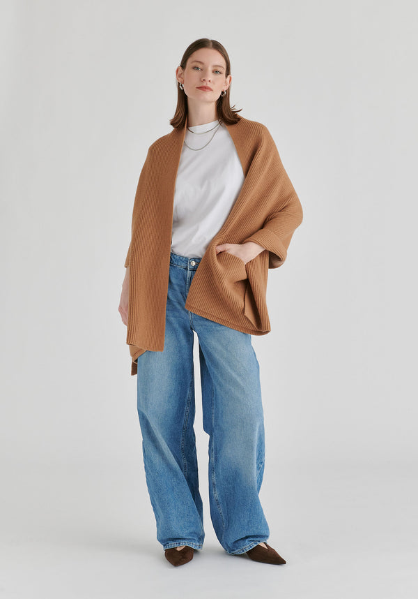 Ribbed Scarf Wrap with Front Pockets in Camel Front
