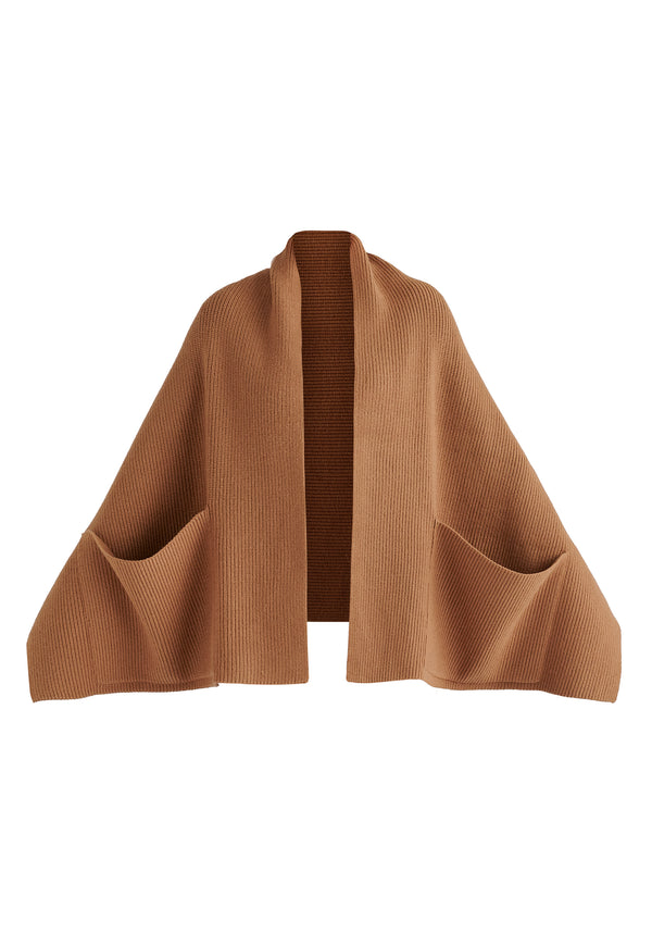 Ribbed Scarf Wrap with Front Pockets in Camel Cutout