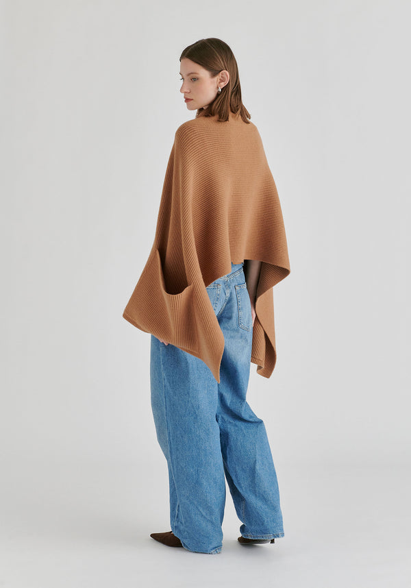 Ribbed Scarf Wrap with Front Pockets in Camel Back