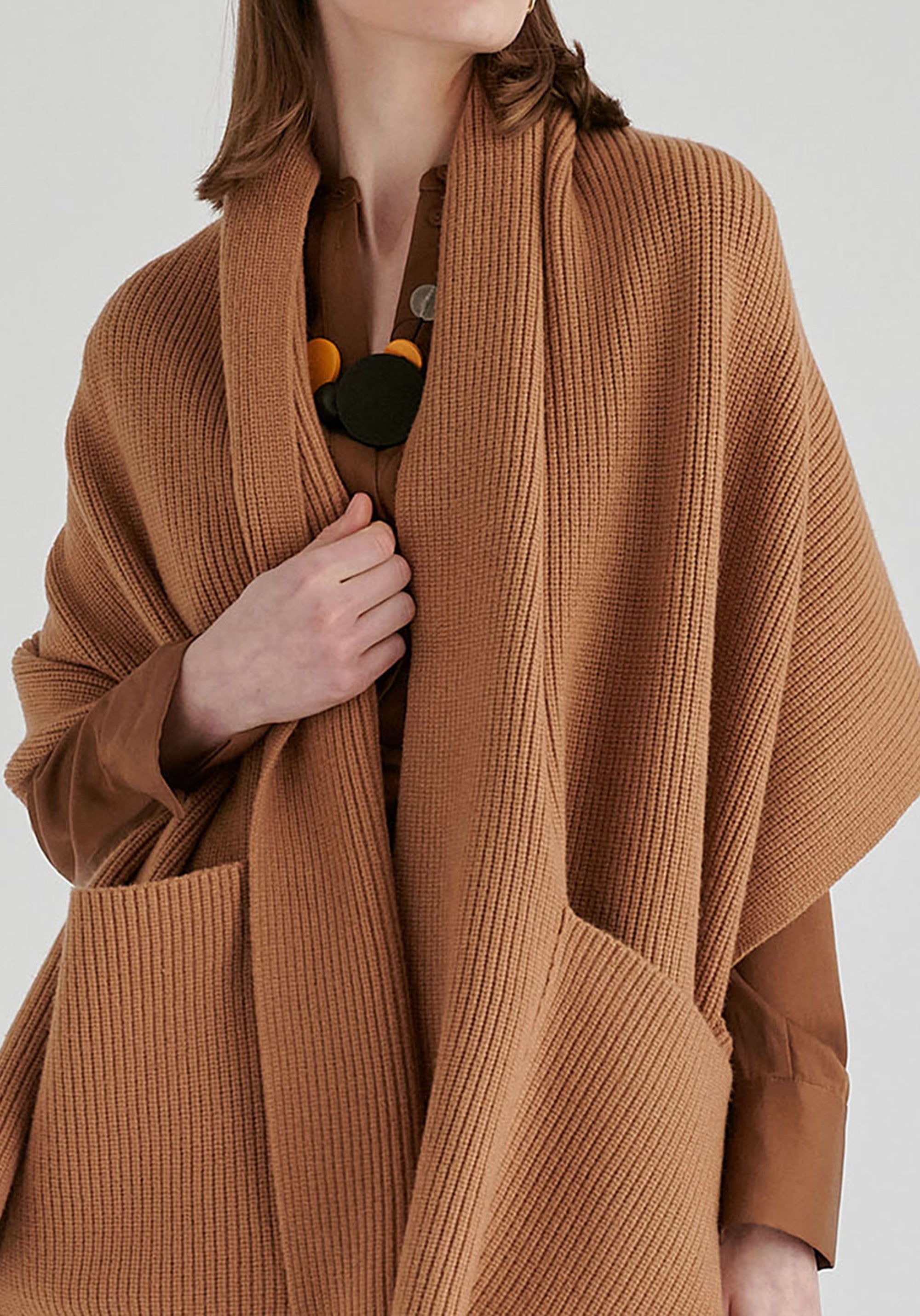 Ribbed Scarf Wrap with Front Pockets in Camel Closeup