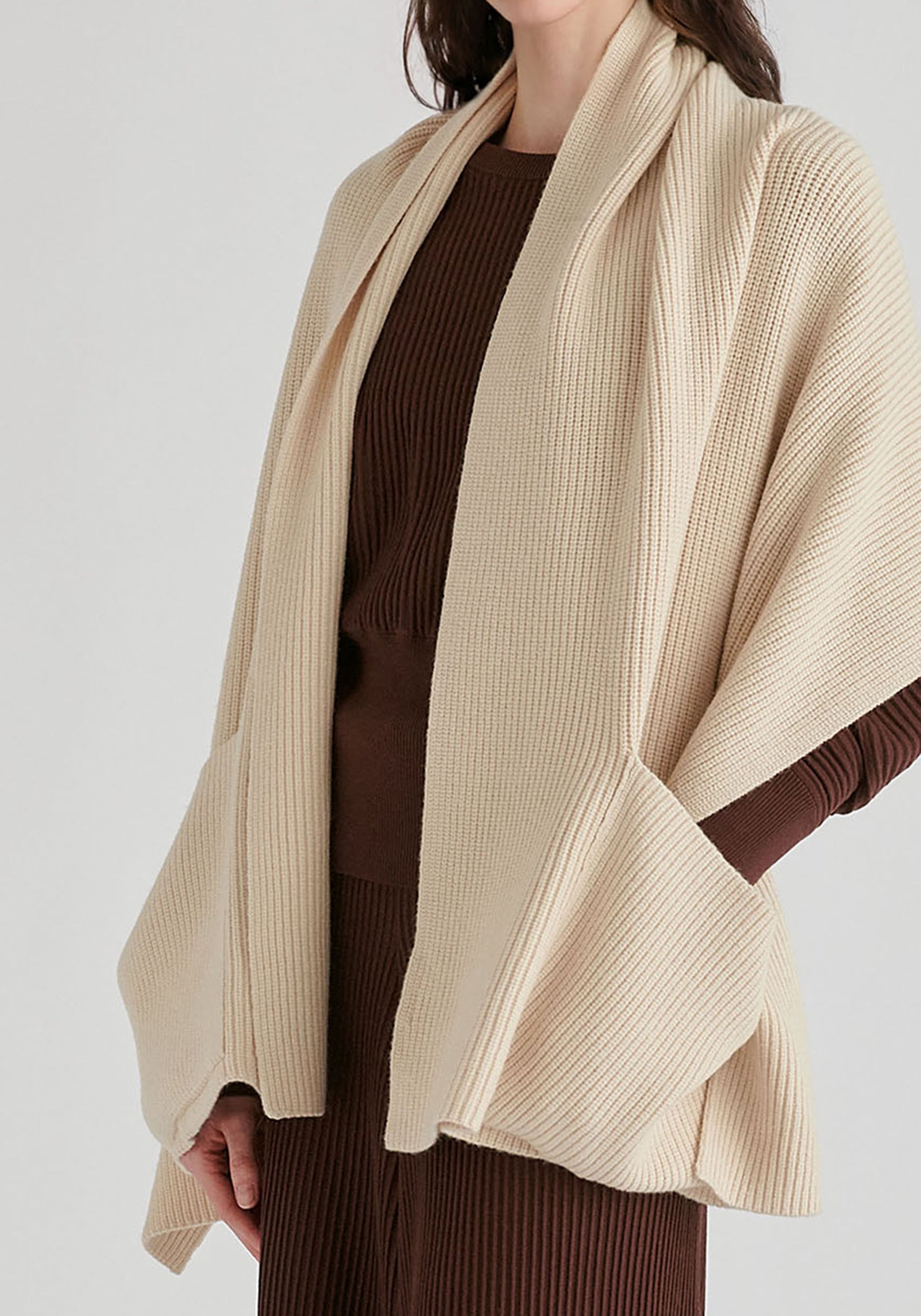 Ribbed Scarf Wrap with Front Pockets in Cream Closeup