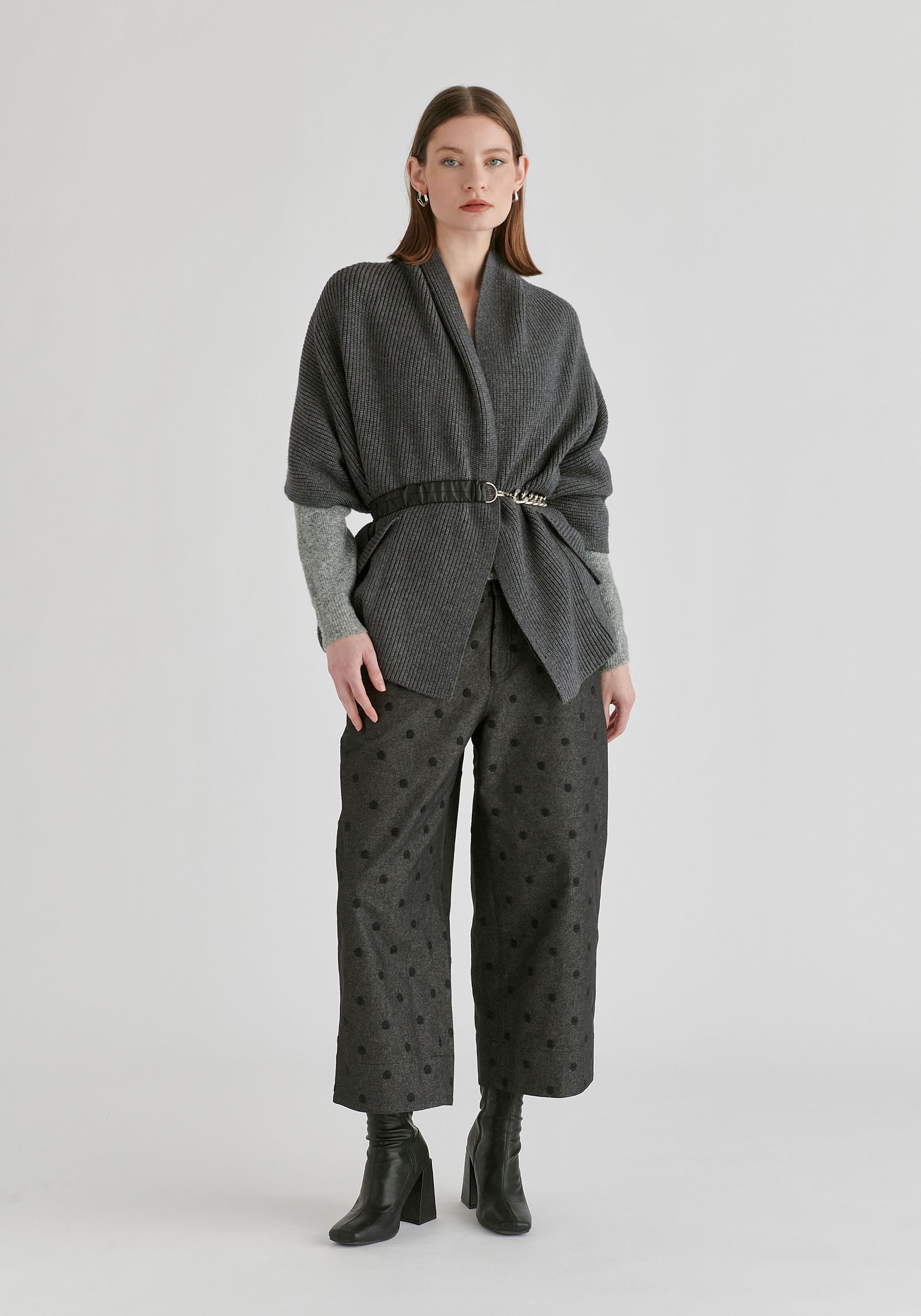 Ribbed Scarf Wrap with Front Pockets in Dark Grey Front