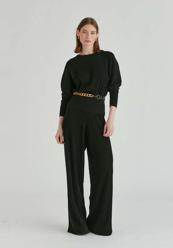 Ribbed Batwing Sleeve Knit Top with Fitted Waist in Black Front