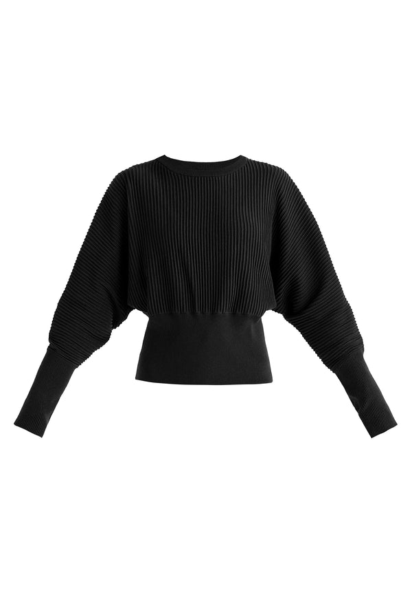 Ribbed Batwing Sleeve Knit Top with Fitted Waist in Black Cutout