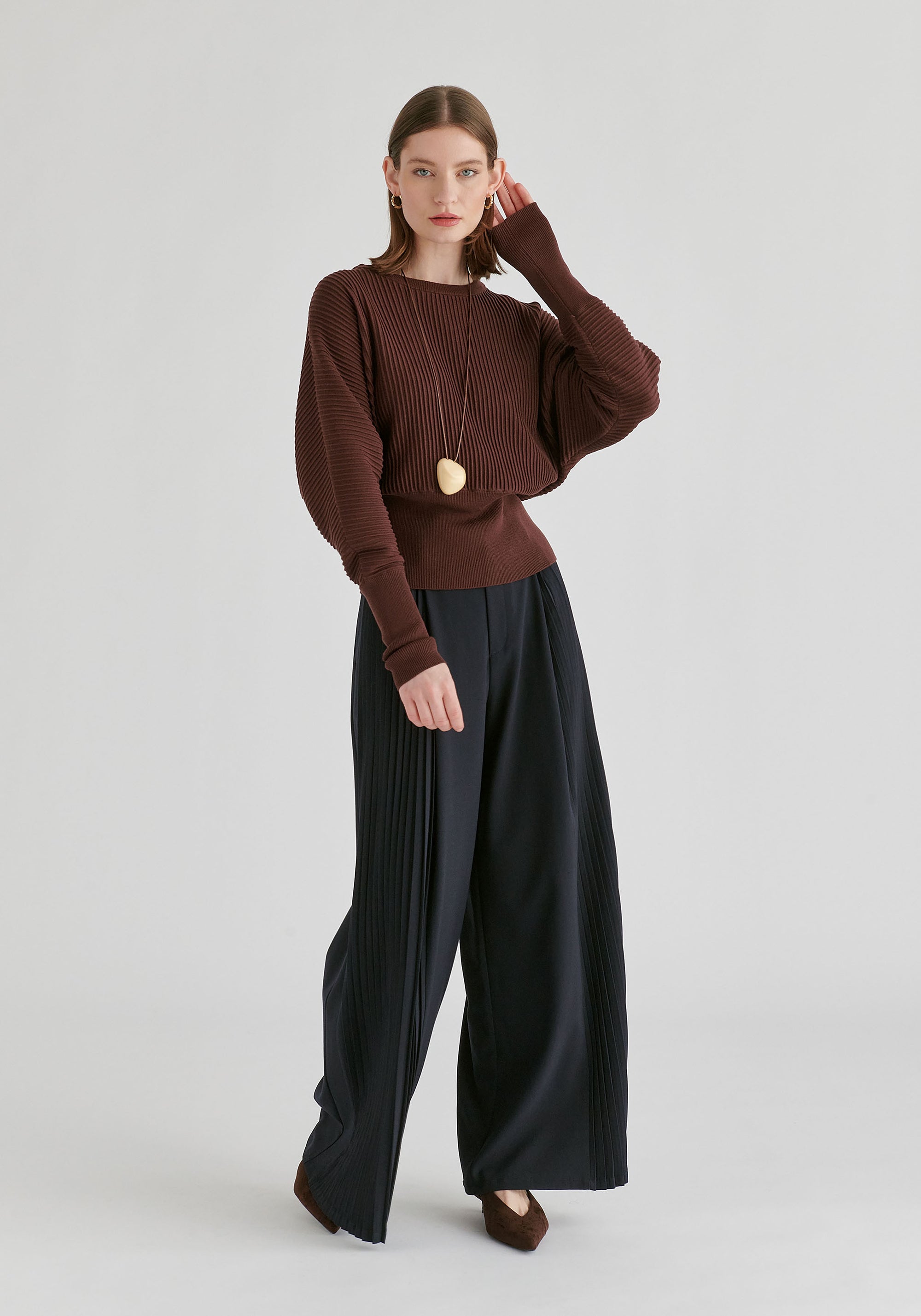 Ribbed Batwing Sleeve Knit Top with Fitted Waist