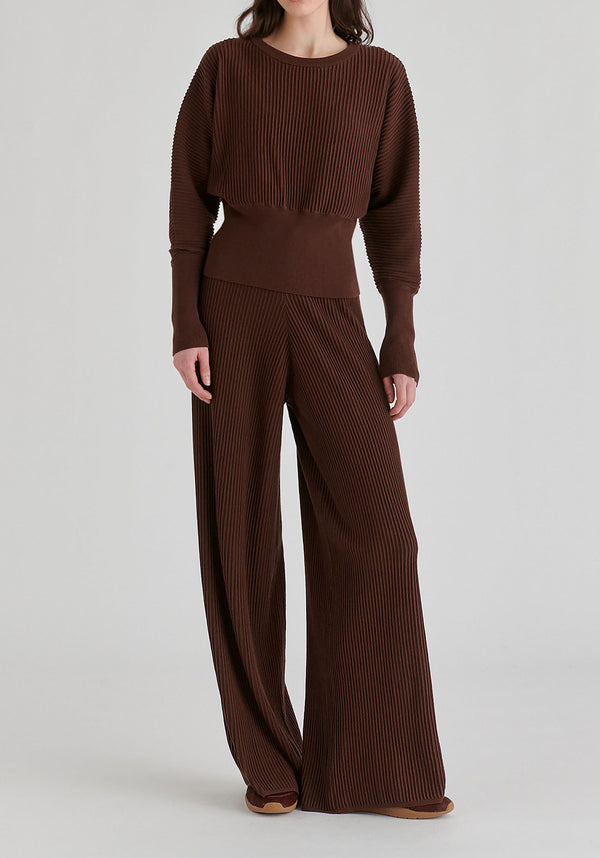 Ribbed Batwing Sleeve Knit Top with Fitted Waist