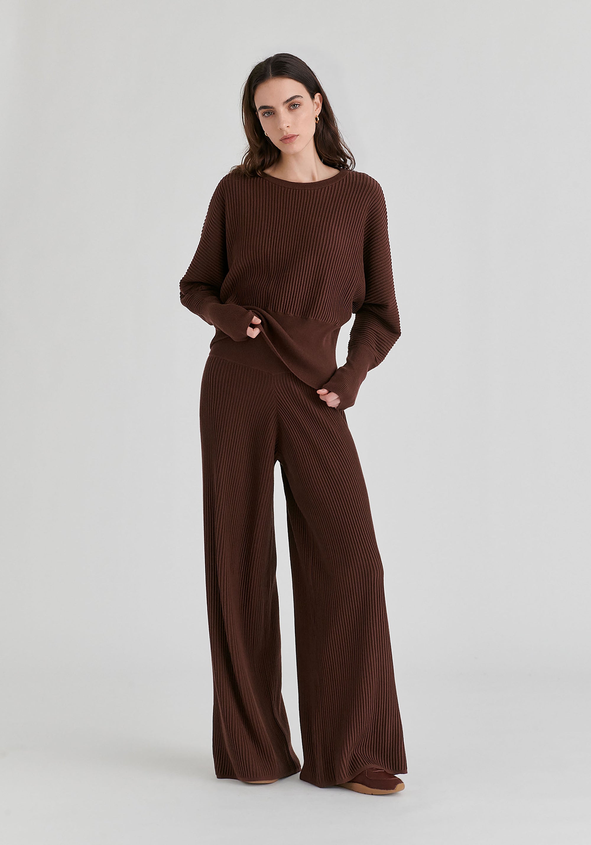 Ribbed Batwing Sleeve Knit Top with Fitted Waist