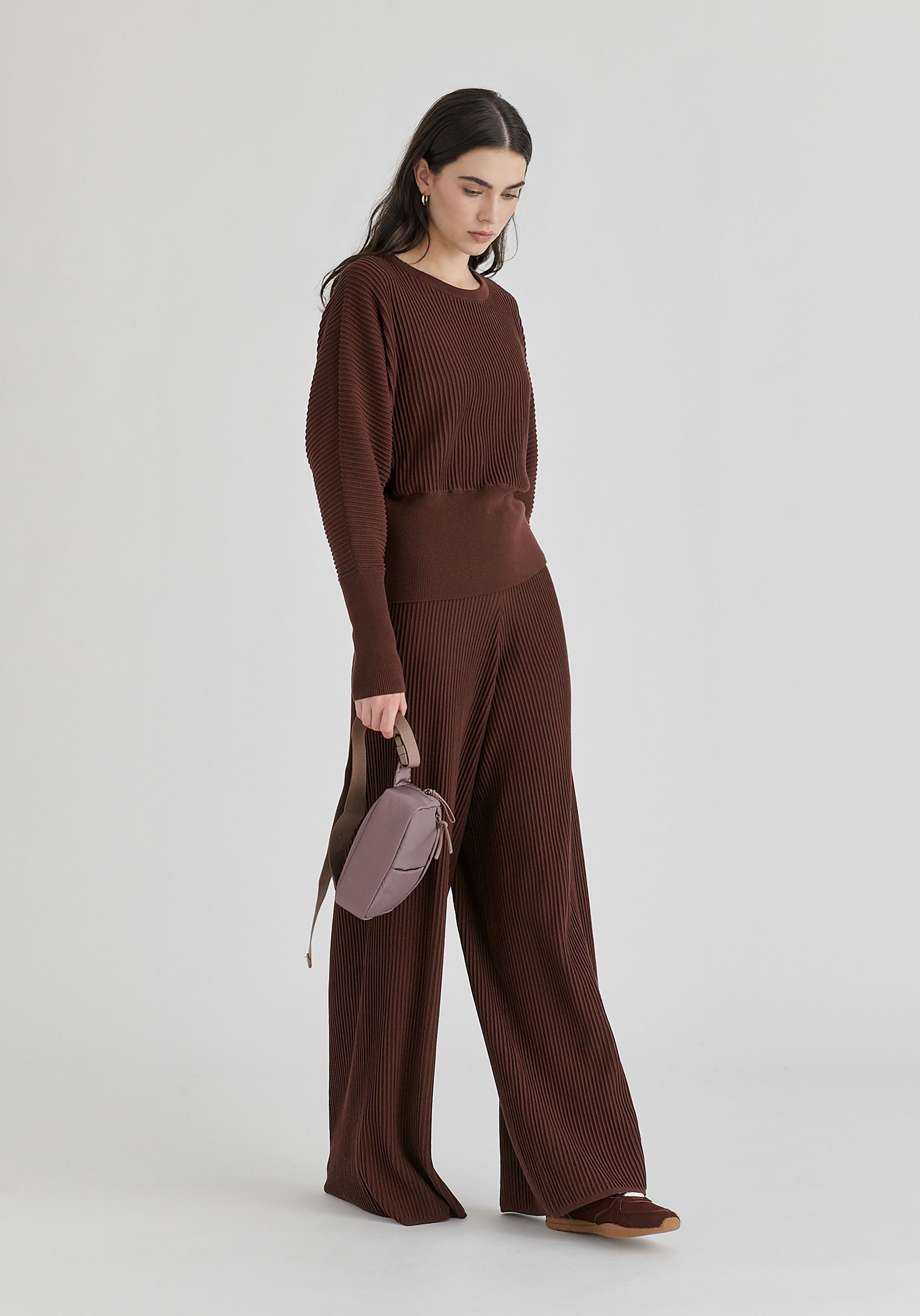 Ribbed Batwing Sleeve Knit Top with Fitted Waist