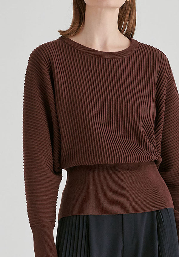 Ribbed Batwing Sleeve Knit Top with Fitted Waist in Brown Closeup