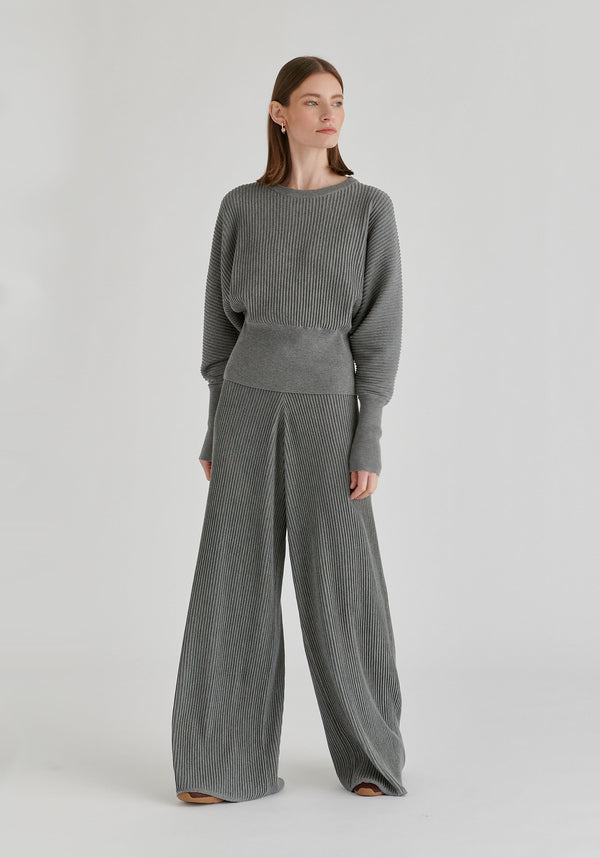 Ribbed Batwing Sleeve Knit Top with Fitted Waist in Grey Front