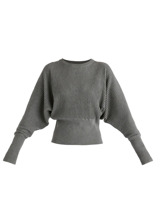 Ribbed Batwing Sleeve Knit Top with Fitted Waist in Grey Cutout