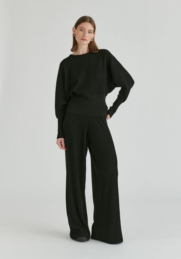Ribbed Trousers with Wide Waistband in Black Front