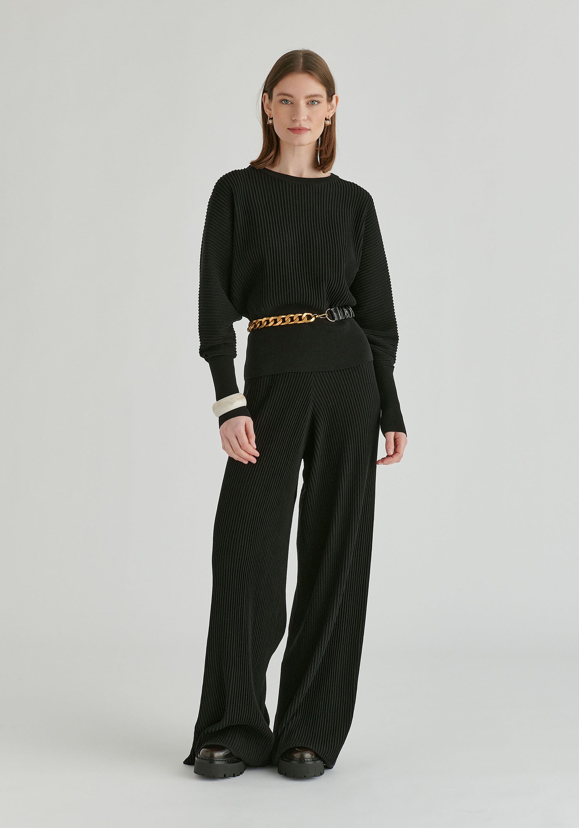 Ribbed Trousers with Wide Waistband
