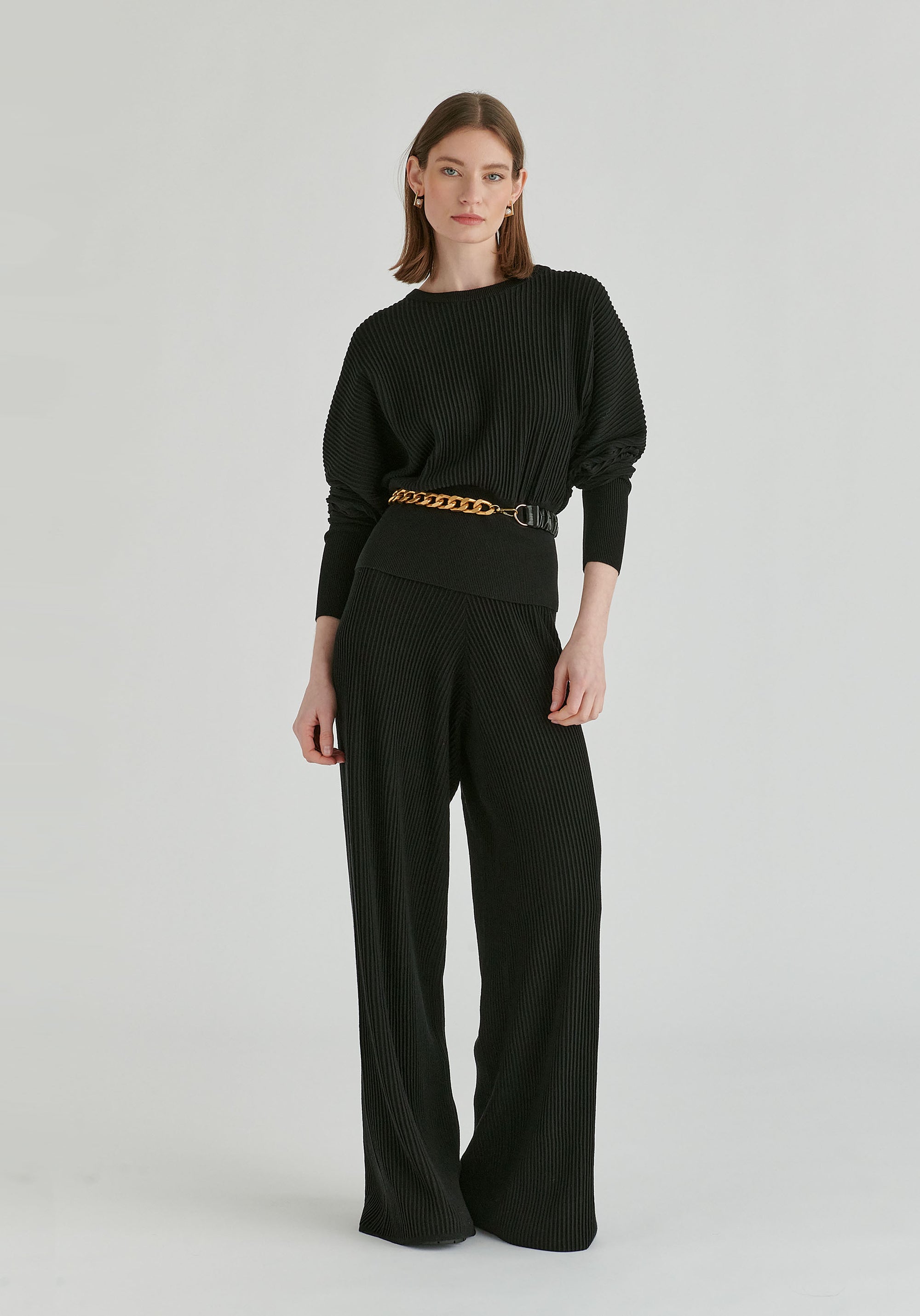 Ribbed Trousers with Wide Waistband