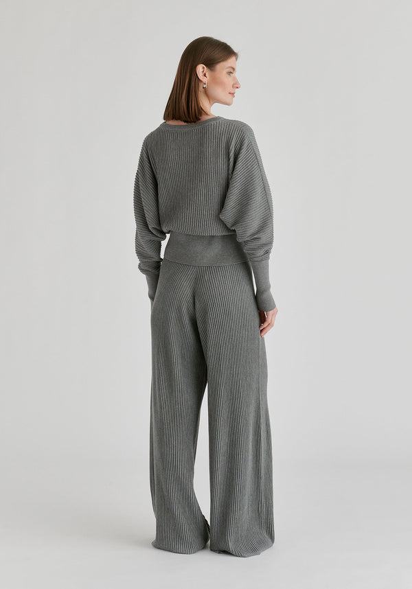 Ribbed Trousers with Wide Waistband in Grey Back