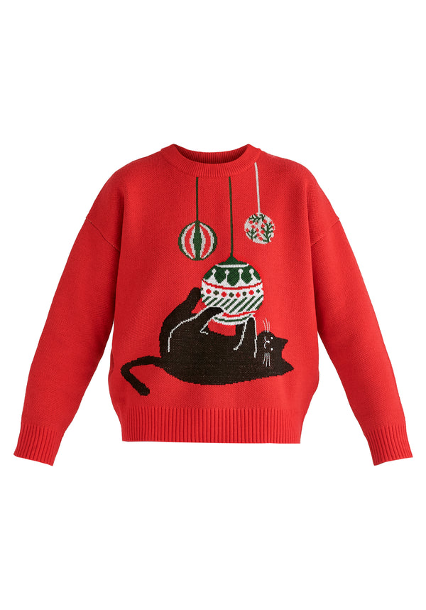 Christmas Jumper with Cat and Baubles in Red Cutout