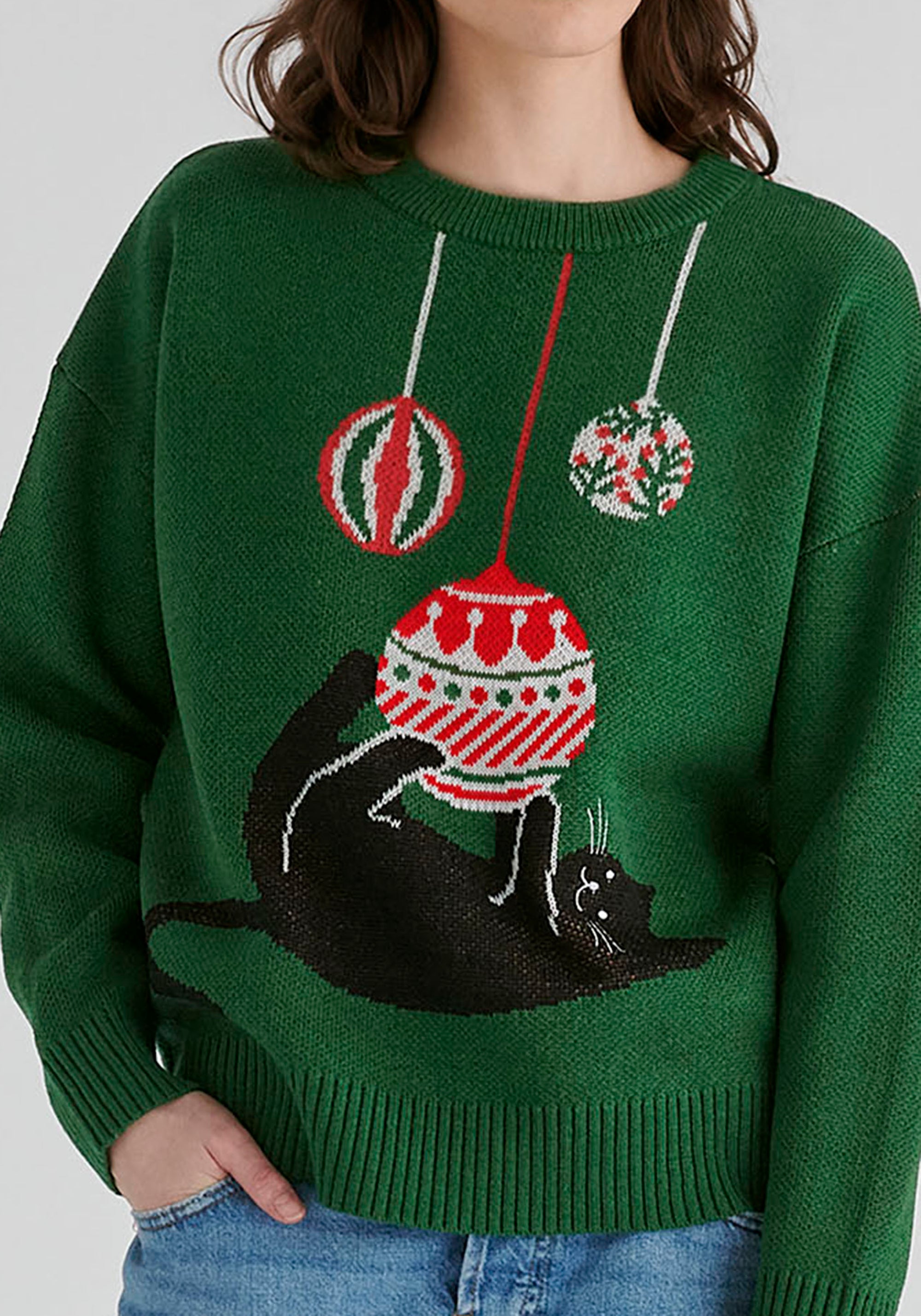 Christmas Jumper with Cat and Baubles in Green Closeup