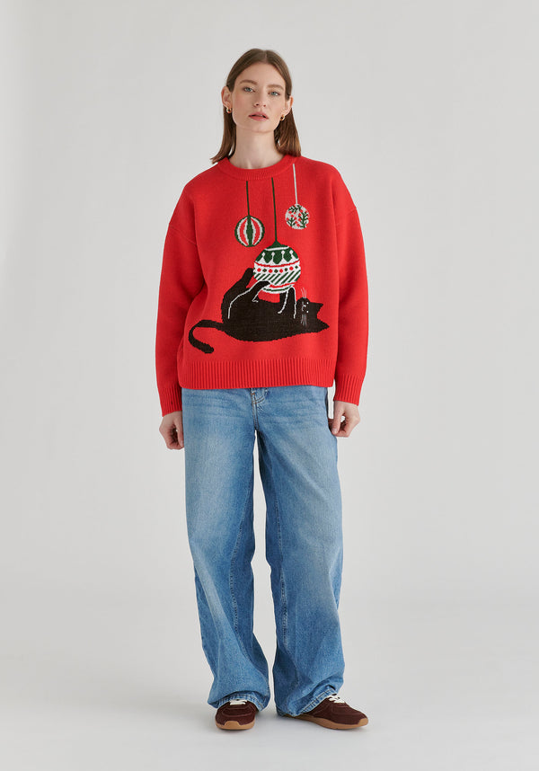 Christmas Jumper with Cat and Baubles in Red Front