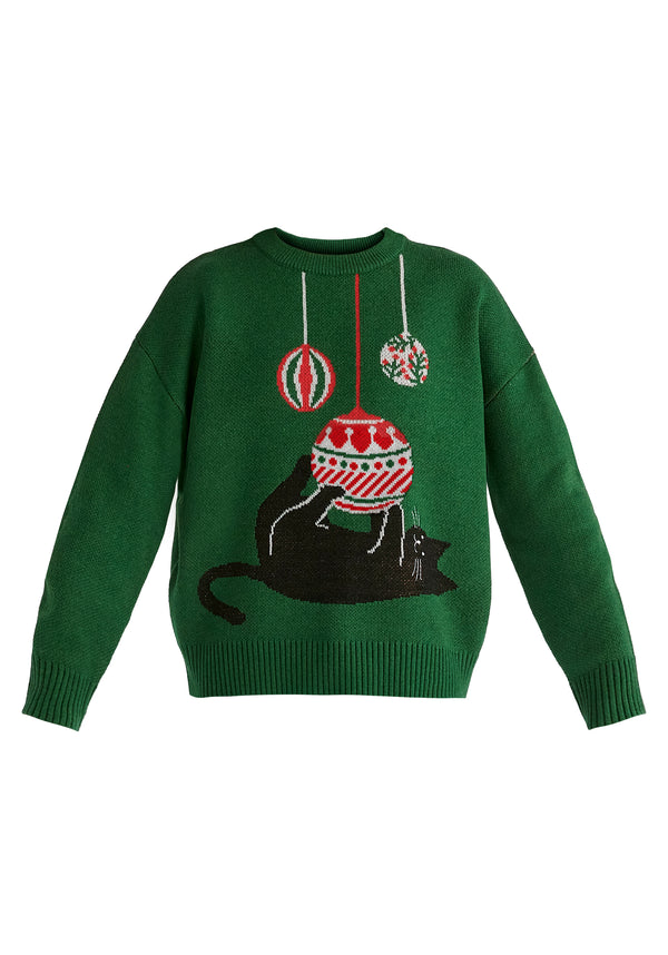 Christmas Jumper with Cat and Baubles in Green Cutout