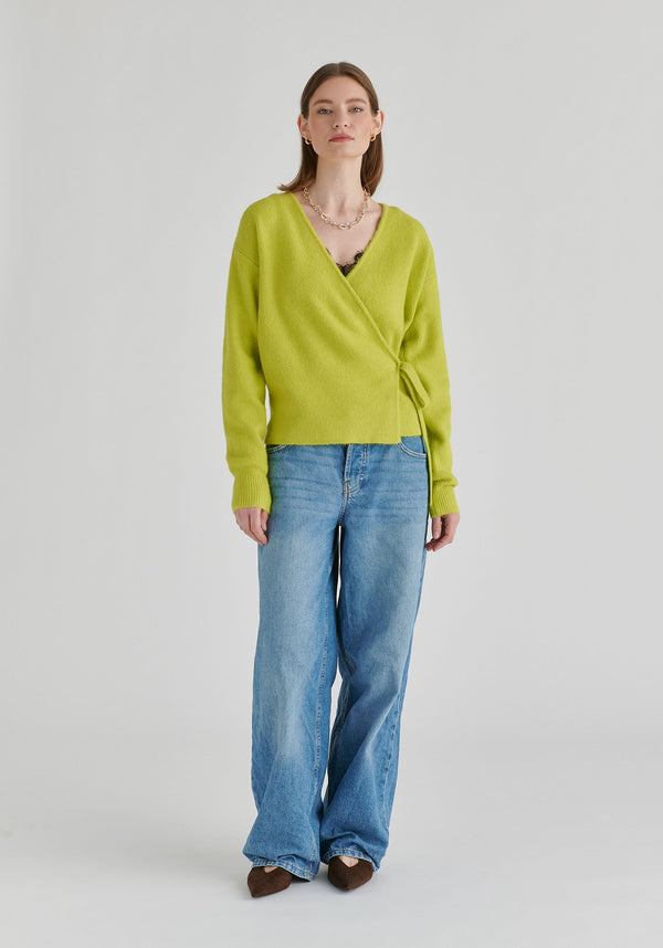 Fuzzy Knit Wrap Jumper in Lime Front