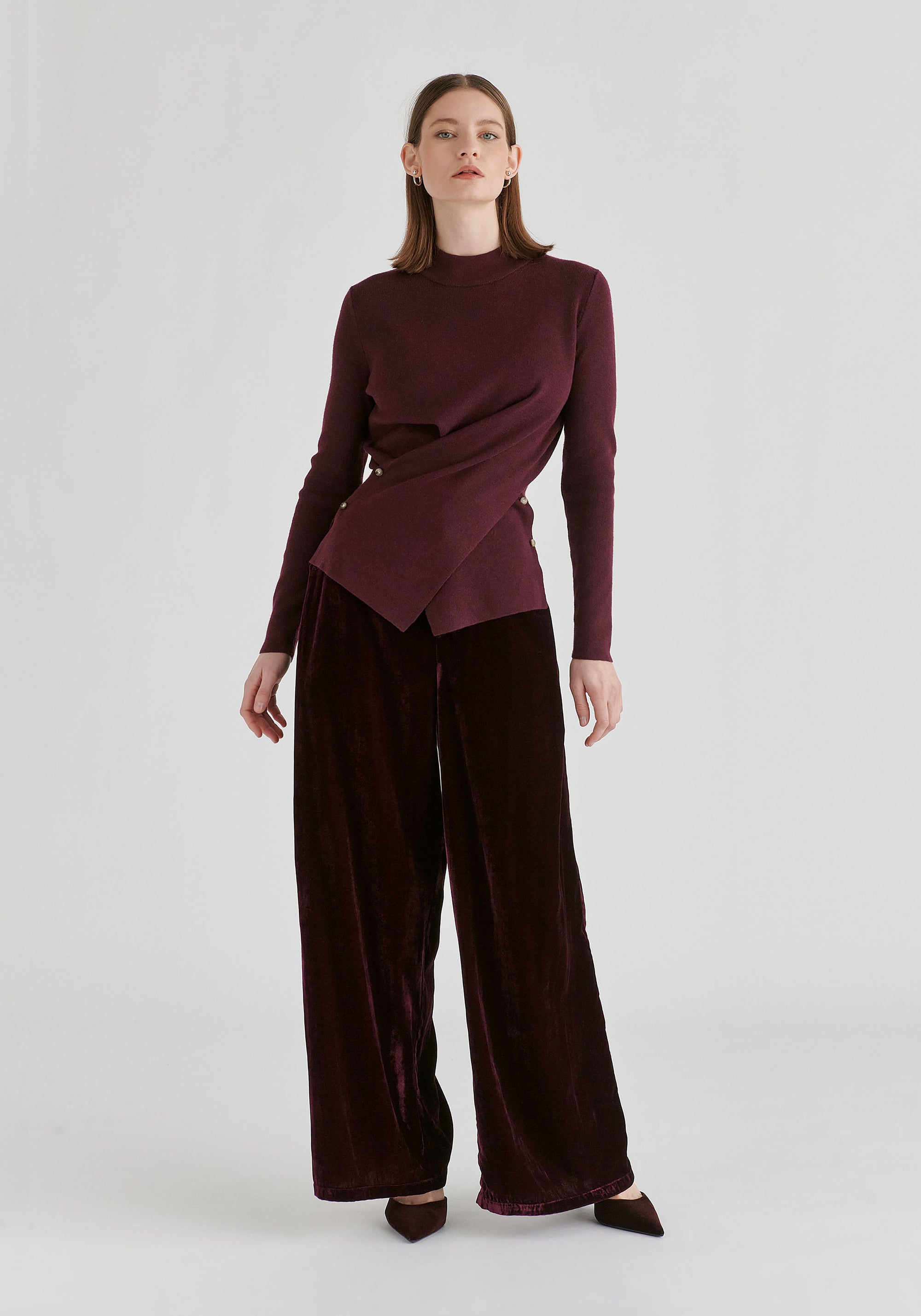 Wrap Front Knit Top with Mock Neck and Button Detail
