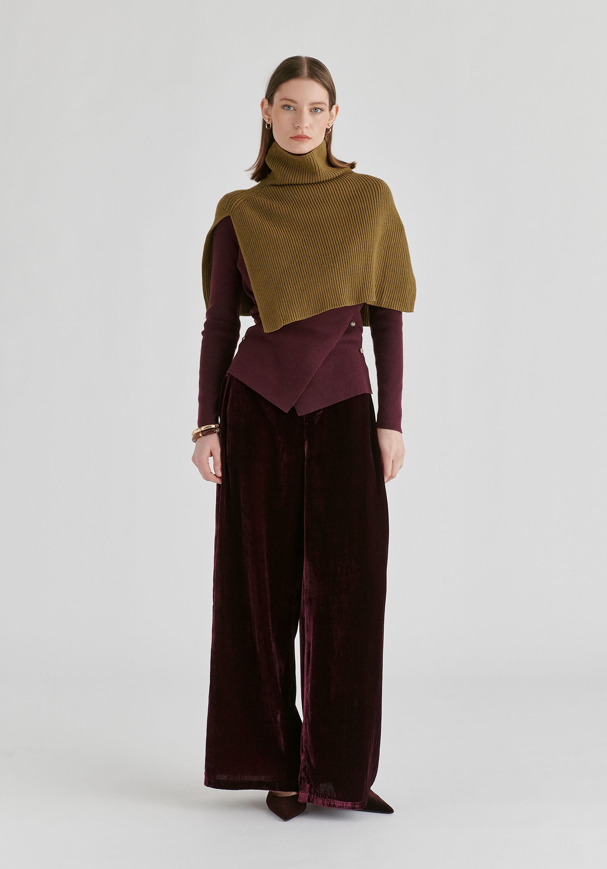 Wrap Front Knit Top with Mock Neck and Button Detail
