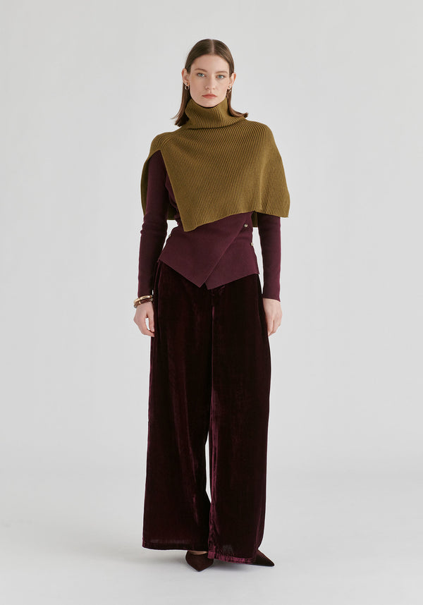 Wrap Front Knit Top with Mock Neck and Button Detail