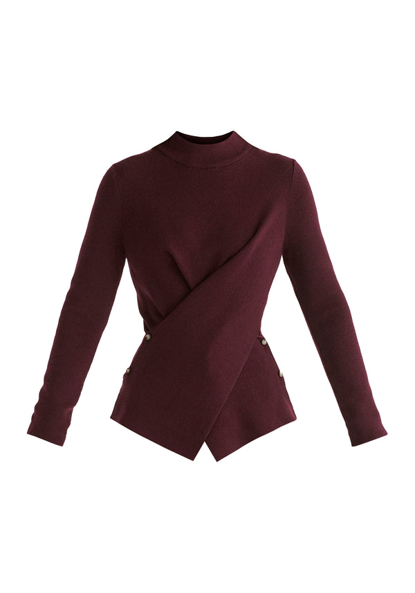 Wrap Front Knit Top with Mock Neck and Button Detail
