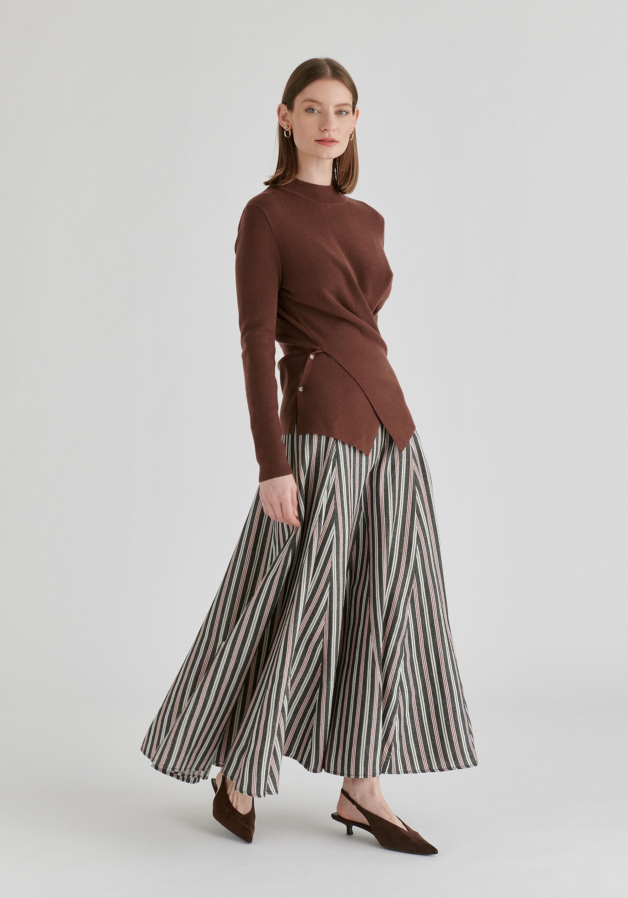 Wrap Front Knit Top with Mock Neck and Button Detail