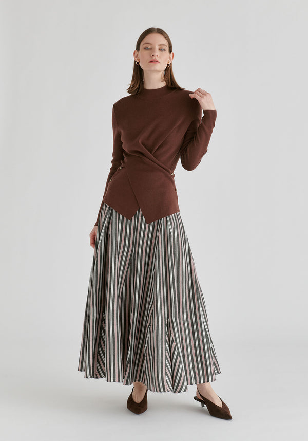 Wrap Front Knit Top with Mock Neck and Button Detail