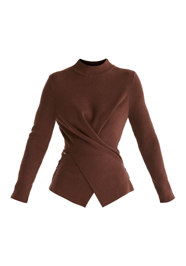 Wrap Front Knit Top with Mock Neck and Button Detail