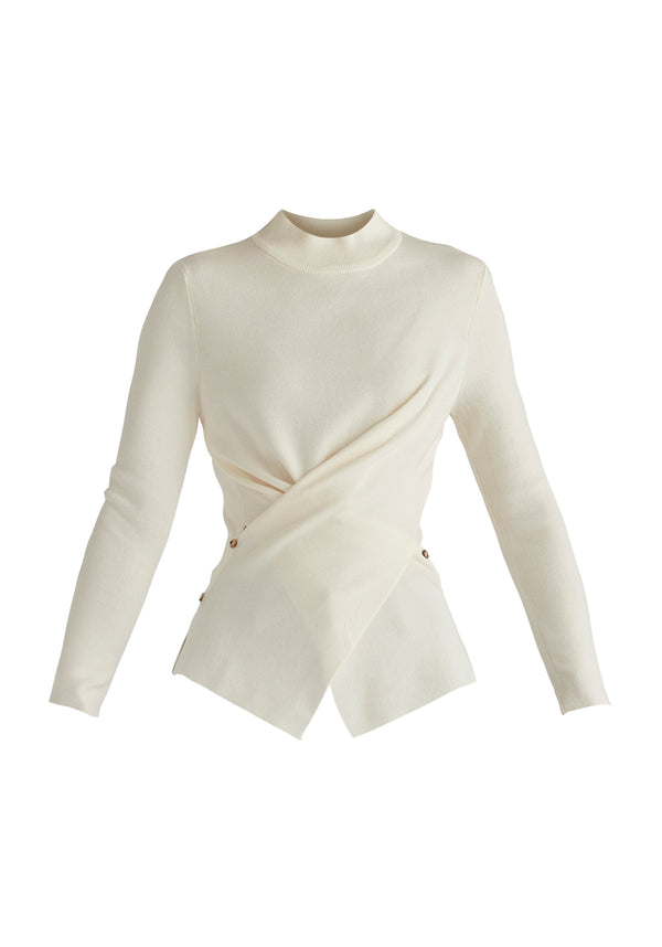 Wrap Front Knit Top with Mock Neck and Button Detail